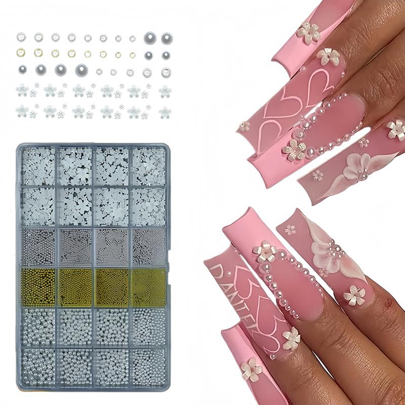 24 Grids, Mixed Nail Decoration Accessories, Rhinestones, Pearls, Beads, Bowknot, Nail Art Jewelry, DIY Tools