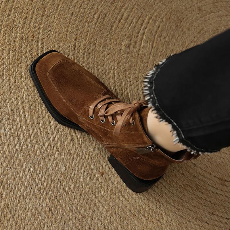 Fashion NEW Autumn Women Boots Sheep Suede Leather Shoes for Women Sqaure Toe Chunky Heel Shoes Lace-up Zipper Short Boots Daily Shoes