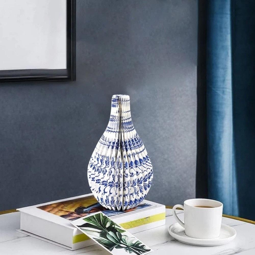 Decorative Blue-and-white Porcelain Paper Vase Floral Arrangement Tabletop Decor  Office Desk