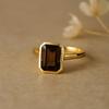 Emerald Cut Smoky Quartz Ring, Yellow Gold Plated Silver, Bezel Set Brown CZ Solitaire Statement Ring for Women