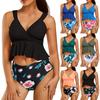 Women's V-Neck Split High Waist Bikini Ruffle Swimsuit Leaf Print Swimsuit