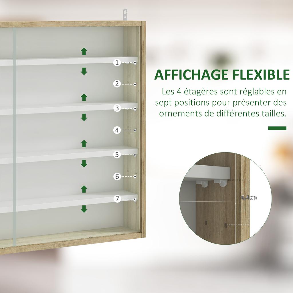 Wall-mounted display case, 80 x 9.5 x 60 cm, 4 height-adjustable shelves, 2 sliding glass doors
