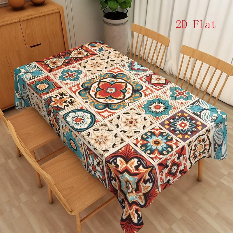 2D Flat 1pc Spanish Style Tile Pattern Tablecloth - Bright Colors And Sharp Contrasts, Durable Polyester Fabric, Rectangular Table Cover, Suitable for