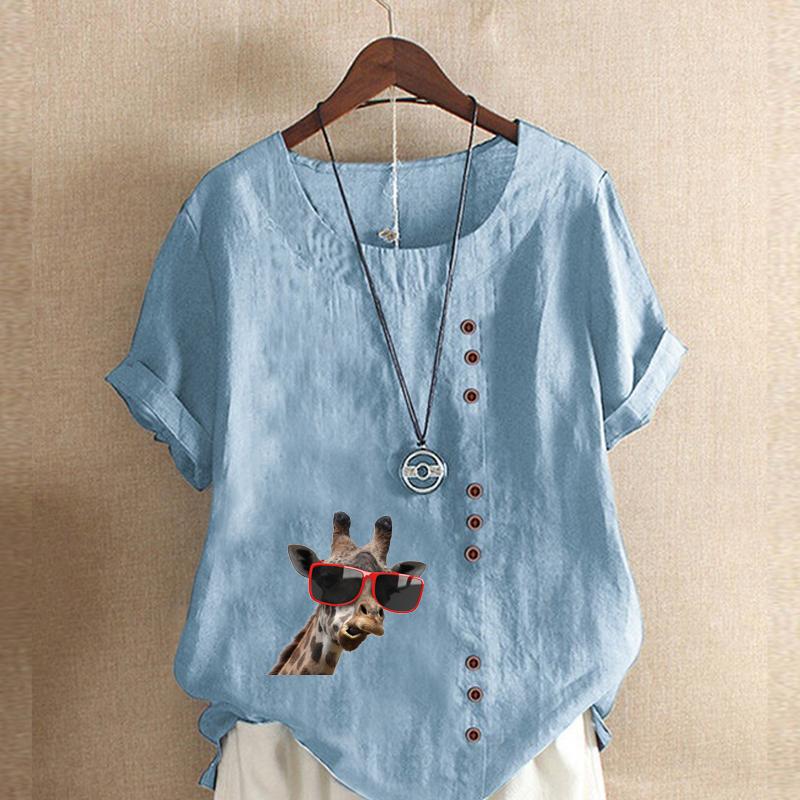 Women's Fashion Giraffe Prined Short Sleeve T-shirt Loose Cotton Shirt Casual Loose Summer Blouse Tops Plus Size