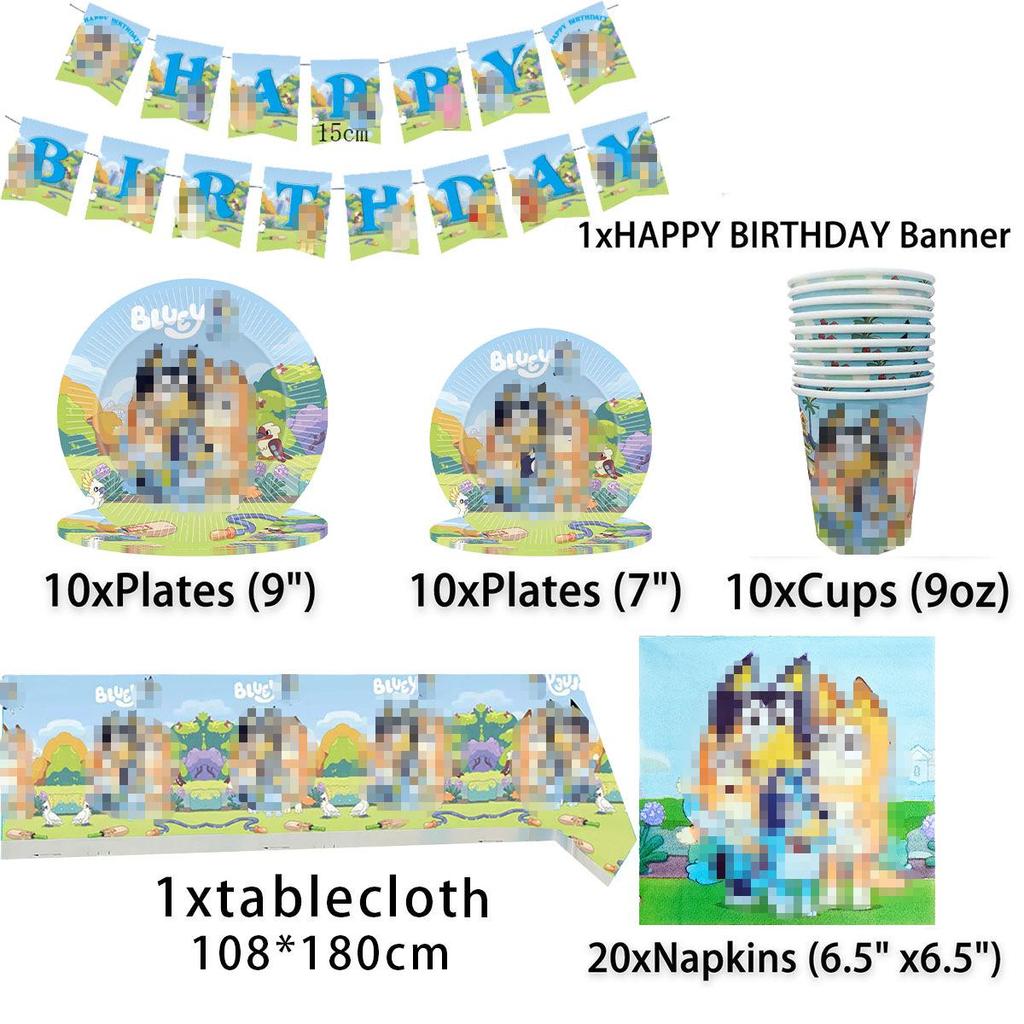 Bluey Birthday Party Tableware Set: Disposable Plates, Cups, Flags, Cake Toppers