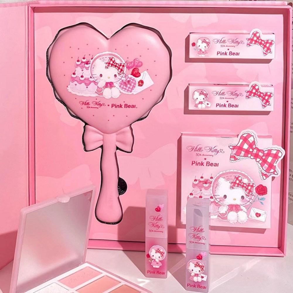 Набор косметики Pink Bear Hello Kitty, помада S01+S05, ручное зеркало, палитра для макияжа, 1 предмет