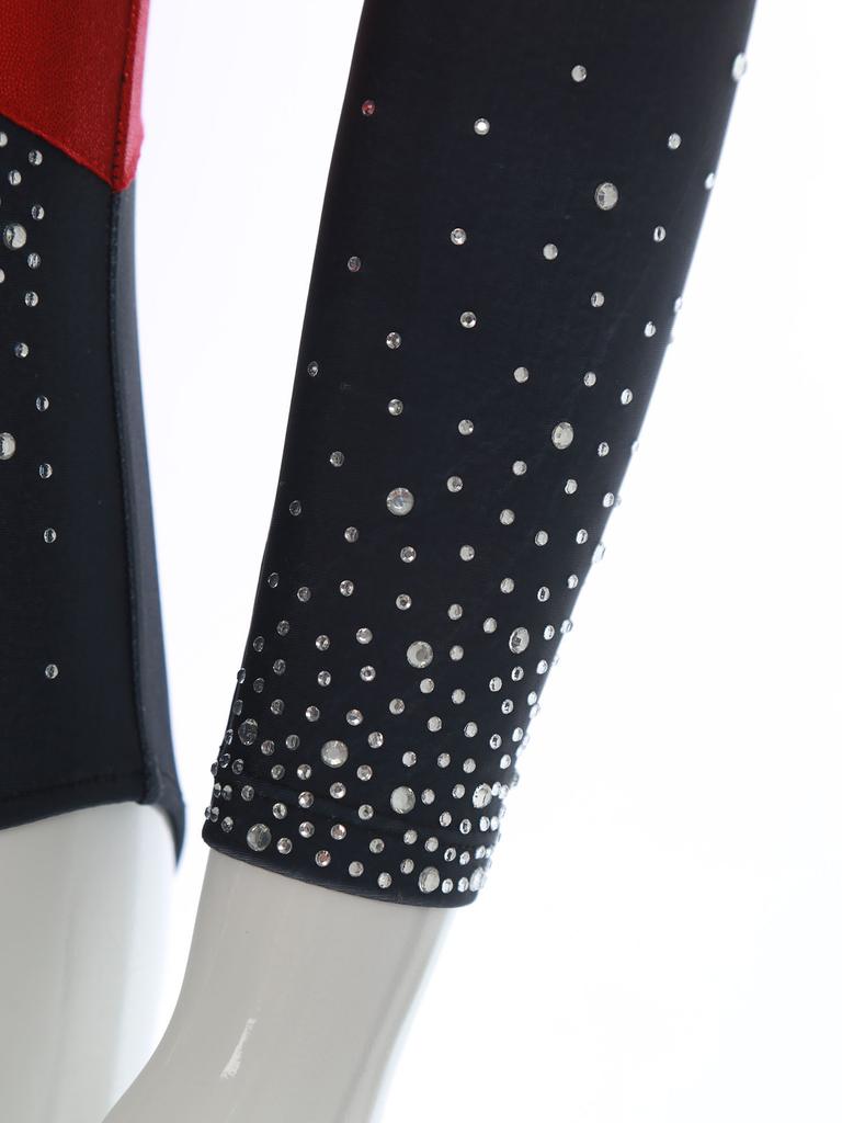 Girls Color Block Ballet Leotard Shiny Faux Diamonds Rhinestone Long Sleeve Gymnastics Ballerina Jumpsuit