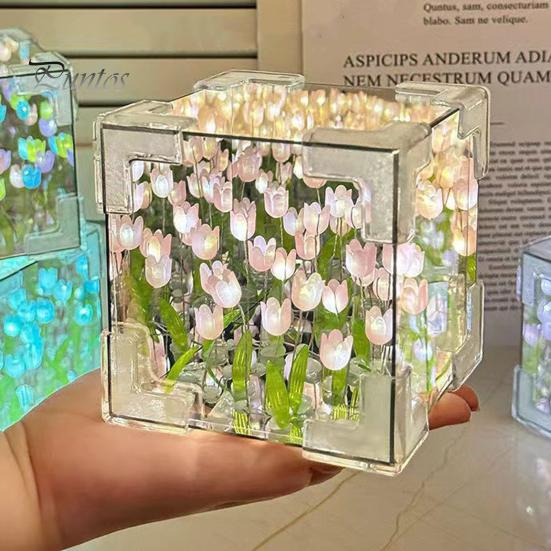 Handmade DIY Tulips Cube Mirror Lamp Soft Glow Easy To Install Romantic Tulips Flower Night Light Desktop Decoration