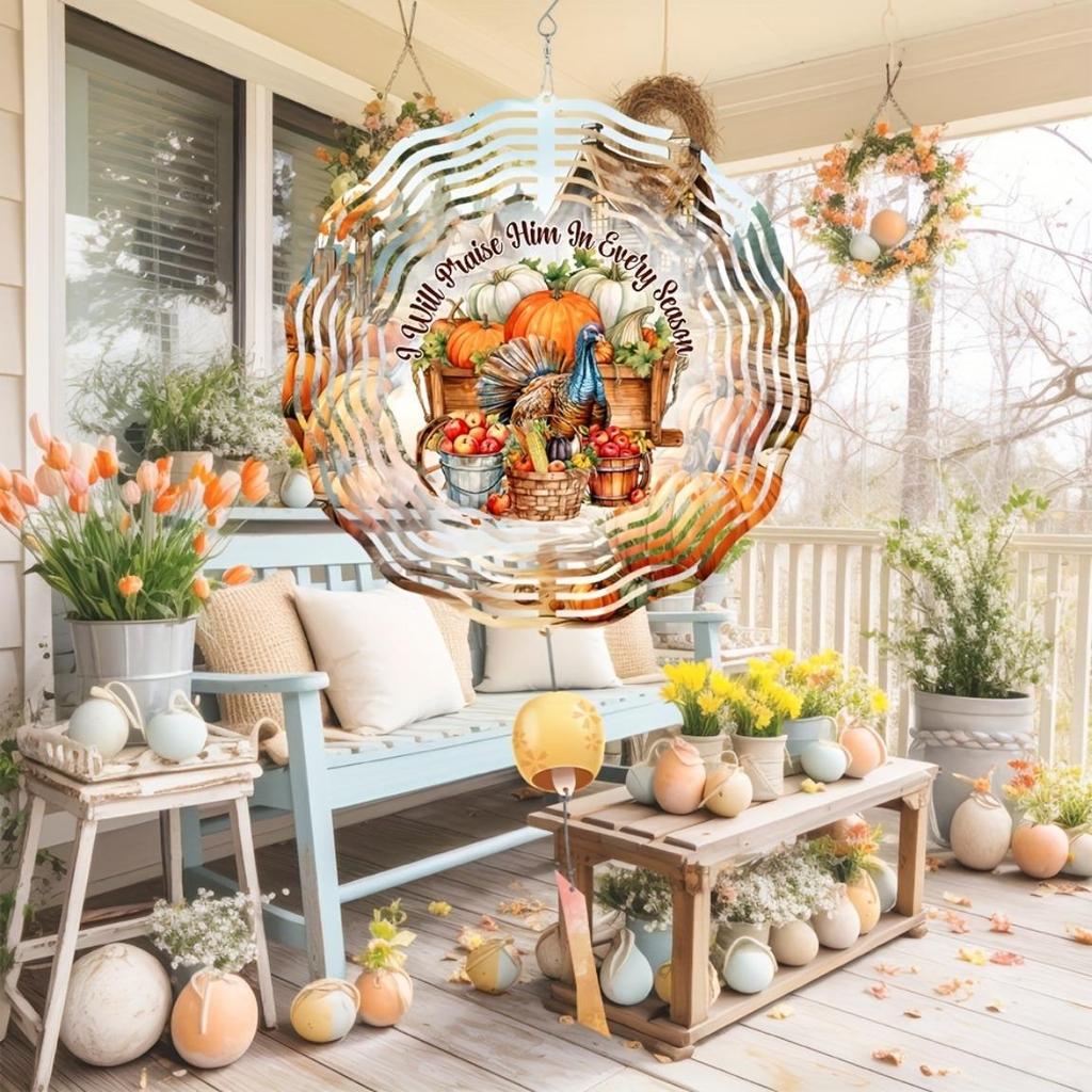 10-Inch Metal Wind Spinner – Thanksgiving-Themed Outdoor Decor with Vibrant Pumpkins, Turkey & Fall Foliage, 360° Rotating Hook for Yard