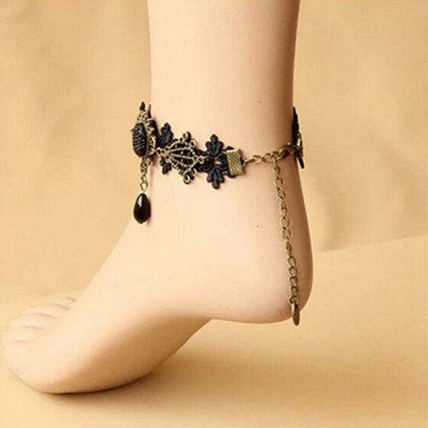 Women Vintage Black Floral Lace Anklet Chain Ankle Sandal Bracelet Foot Barefoot AVE