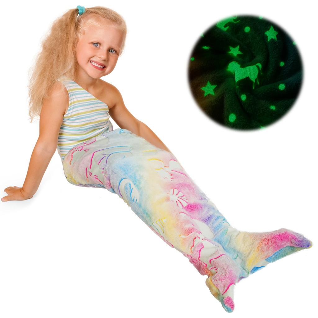 Детское светящееся в темноте одеяло, мягкое фланелевое одеяло с хвостом русалки и радужным узором в виде рыбьей чешуи для девочек, спальный мешок, НОВЫЙ
