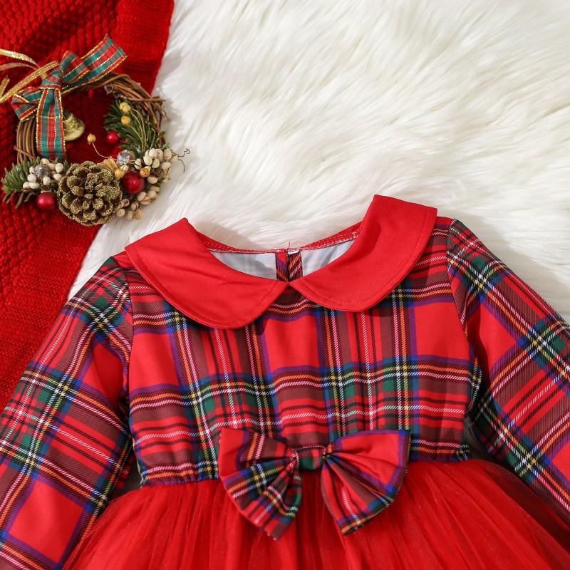 Girls Long Sleeve Plaid Dress Princess Style Birthday Party
