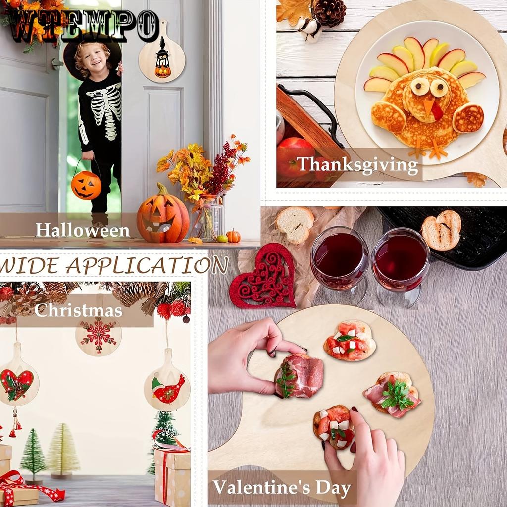 6-Pack Unfinished Round Wooden Paddle Boards with Handle for Crafts, Mini Cheese Boards, Rustic Charcuterie Platters, DIY Christmas Kitchen Decor