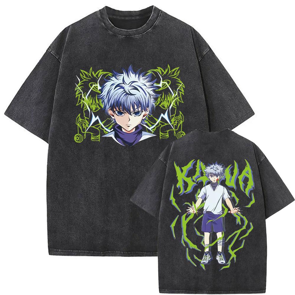 Графическая футболка Killua Zoldyck Hunter X Hunter Харадзюку Выстиранные футболки Мужские Женские Хлопковые Повседневные Оверсайз Футболки с Коротким Рукавом