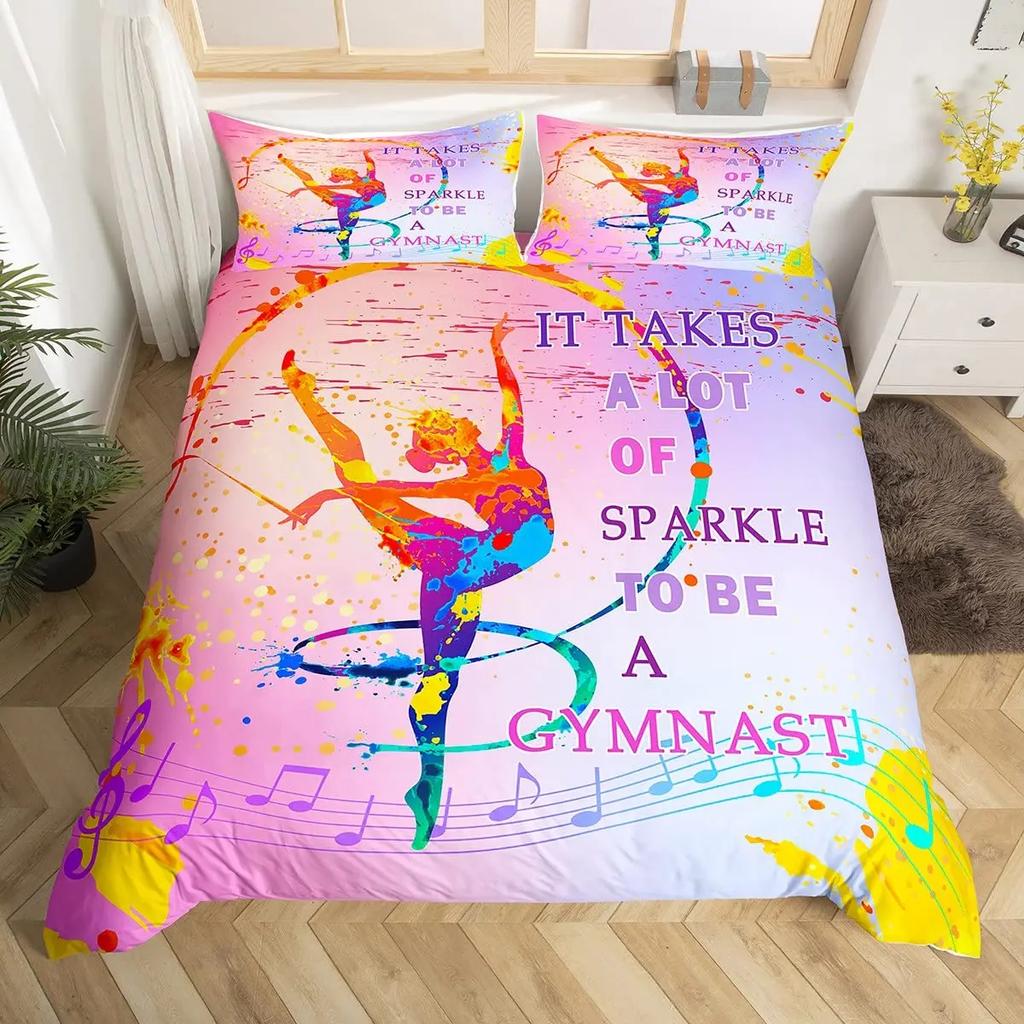 Gymnastics Dance Lovers Duvet Cover King,Watercolor Butterfly Star Sky Bedding Set 3pcs,Silhouette Rainbow Graffiti Quilt Cover