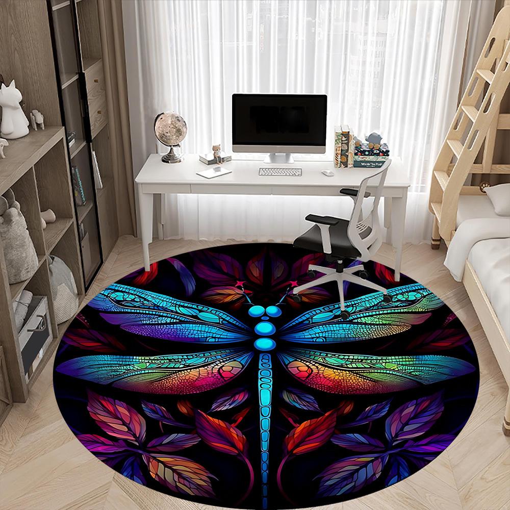 1PC Dragonfly StainedGlass Office Round Area Rug,  Mat Suitable ForOffice, Under Office Chairs Bedroom Living Room Home Decor, Room Deco