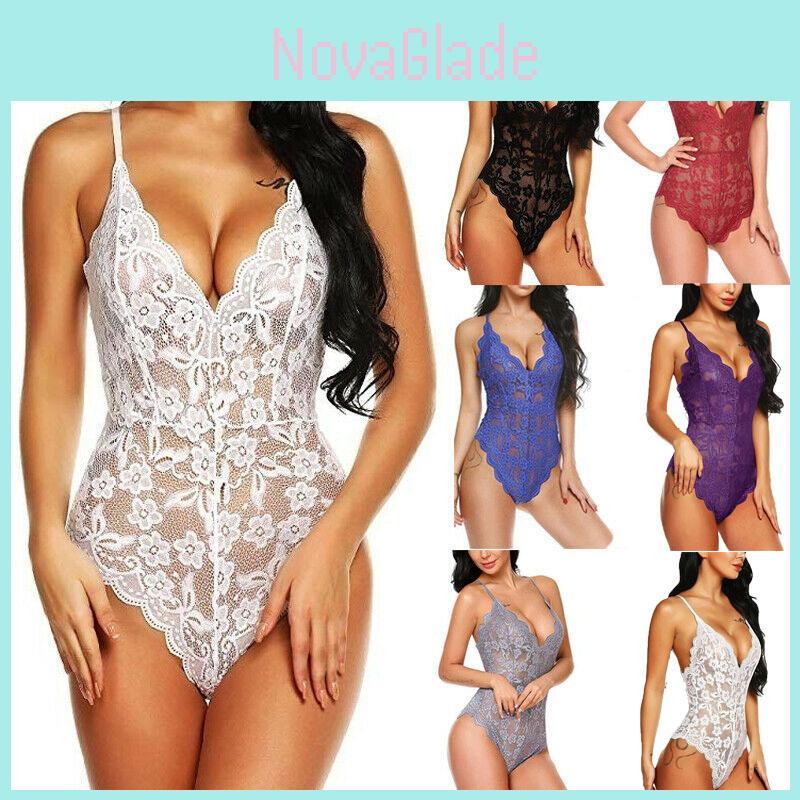 Women Stretch Lace Bodysuit Lingerie Sleeveless V Neck Top Jumpsuit Vest S3xl