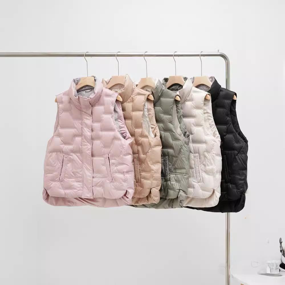 Осень и Зима Женский Флисовый Жилет на Утином Пуху Женский Свободный Стойка Воротник Карманы Теплый Стеганый Пуховик Без Рукавов