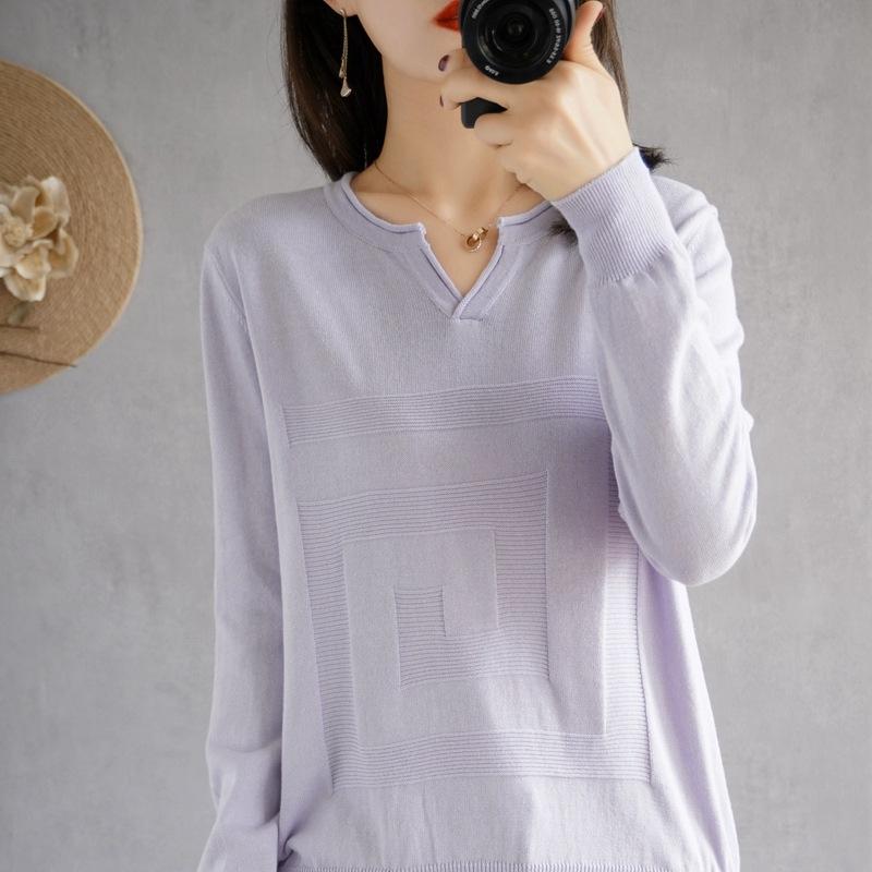 Свитер с V-образным вырезом из хлопковой нити с длинным рукавом для женщин на весну и осень, новый свободный облегающий пуловер, однотонная базовая футболка-топ