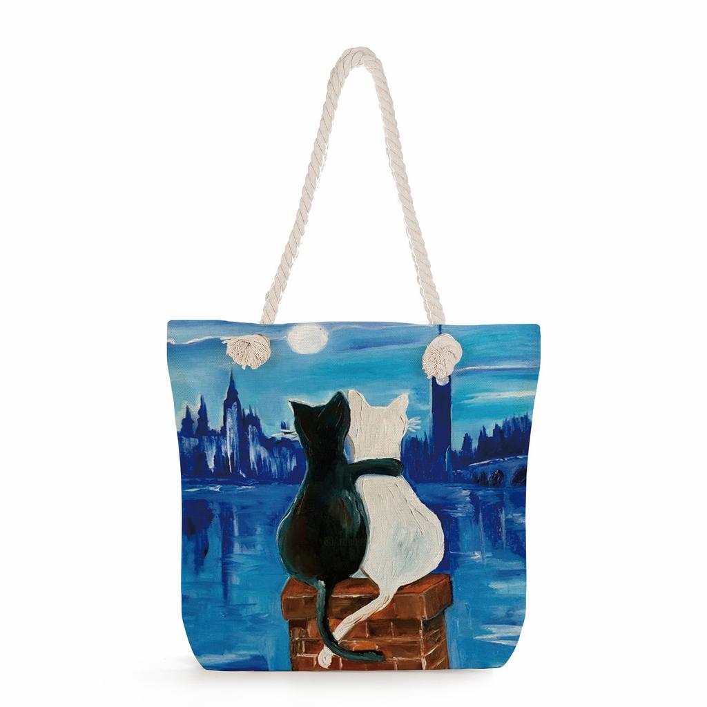 Cat print thick rope single-shoulder beach bag 7215 KTB