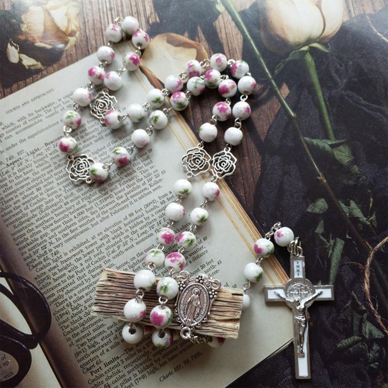 Ceramic Rose Rosary Necklace Holy Catholic Jewelry Charm Pendant for Christian Church Home Bedroom Decoration