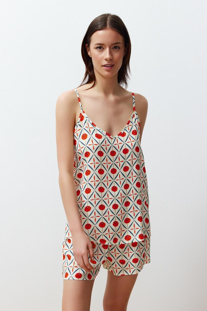 Women's Fashion New Pajama Set Multi-Colored Ethnic Patterned Rope Strap Viscose Woven Pajama Set