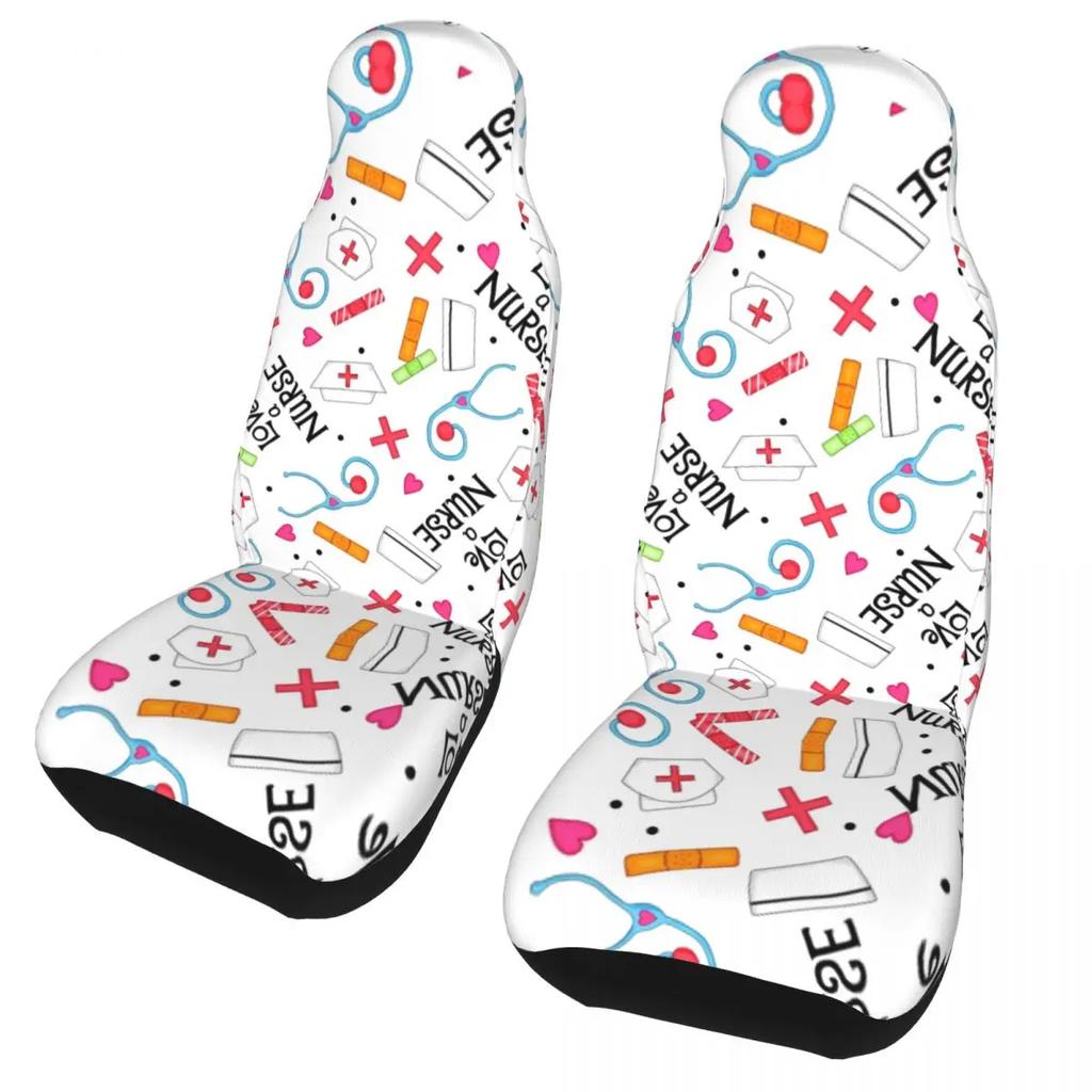 Шапка медсестры Узор сердечки Передний чехол на автосиденье для женщин Принт Чехлы для сидений для медсестер Подходят для любого грузовика, минивэна, дома на колесах, внедорожника 2 шт.