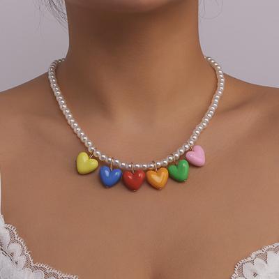 Модное ожерелье-цепочка на ключицы с подвеской-сердцем радужного цвета Y2K, бусинами из имитации жемчуга, милые минималистичные аксессуары для женщин