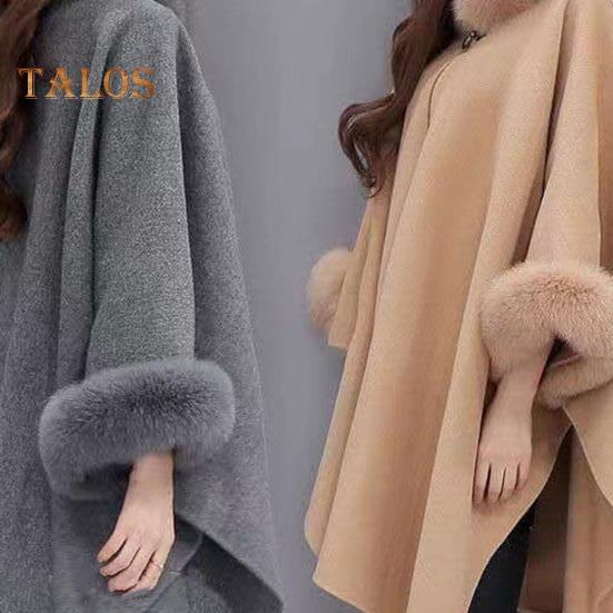 Женское зимнее пальто-накидка с рукавами «летучая мышь» Толстая шаль Свободный воротник-стойка Однотонный декор из искусственного меха Теплая повседневная одежда для работы и отдыха на открытом воздухе Пончо