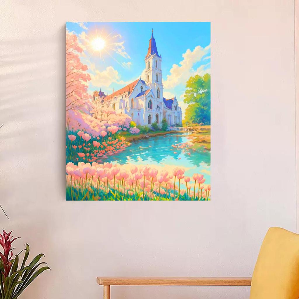 RUOPOTY Современная картина по номерам своими руками с замком в рамке и цветами, ручная роспись акриловой краской по номерам для домашнего декора