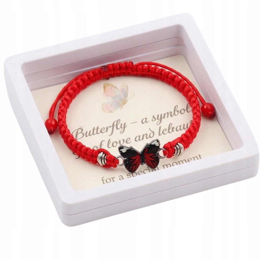 Red Adjustable Butterfly String Bracelet in a Box with a Decorative Card
