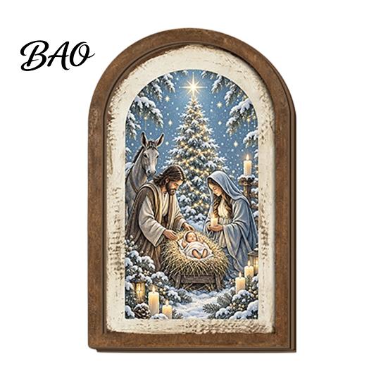 Indoor Christmas Ornament Set Vintage Arched Wooden Photo Frame with Illustration, Retro Distressed Wall Art for Holiday Tabletop Desktop And