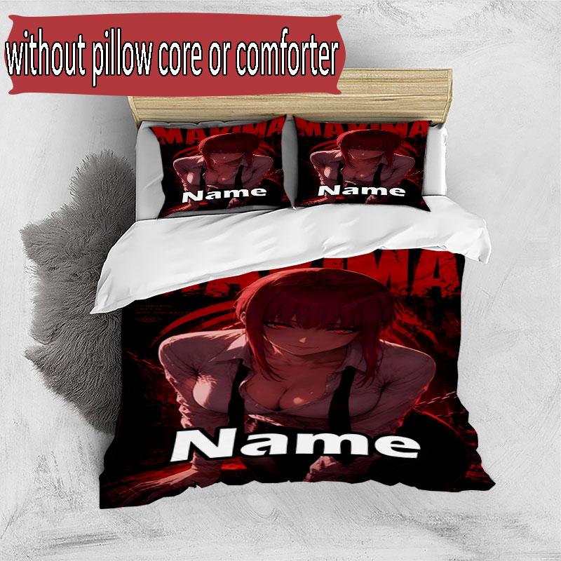 3pcs Duvet Cover Set (1*Duvet Cover + 2*Pillowcase, Without Core), Custom Name Makima Chainsaw Man Pattern Bedding Set, Home Bedroom Decor Gift