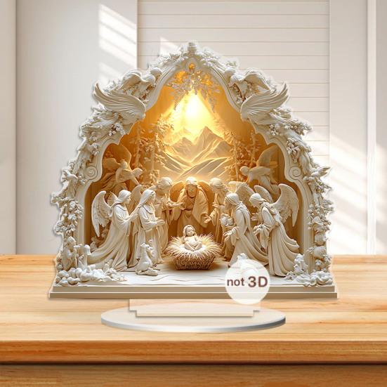 Christmas Nativity Ornament Jesus' Birth Scene Virgin Mary Angel Cartoon Print Christian Tabletop Centerpiece for Home Office Holiday Display