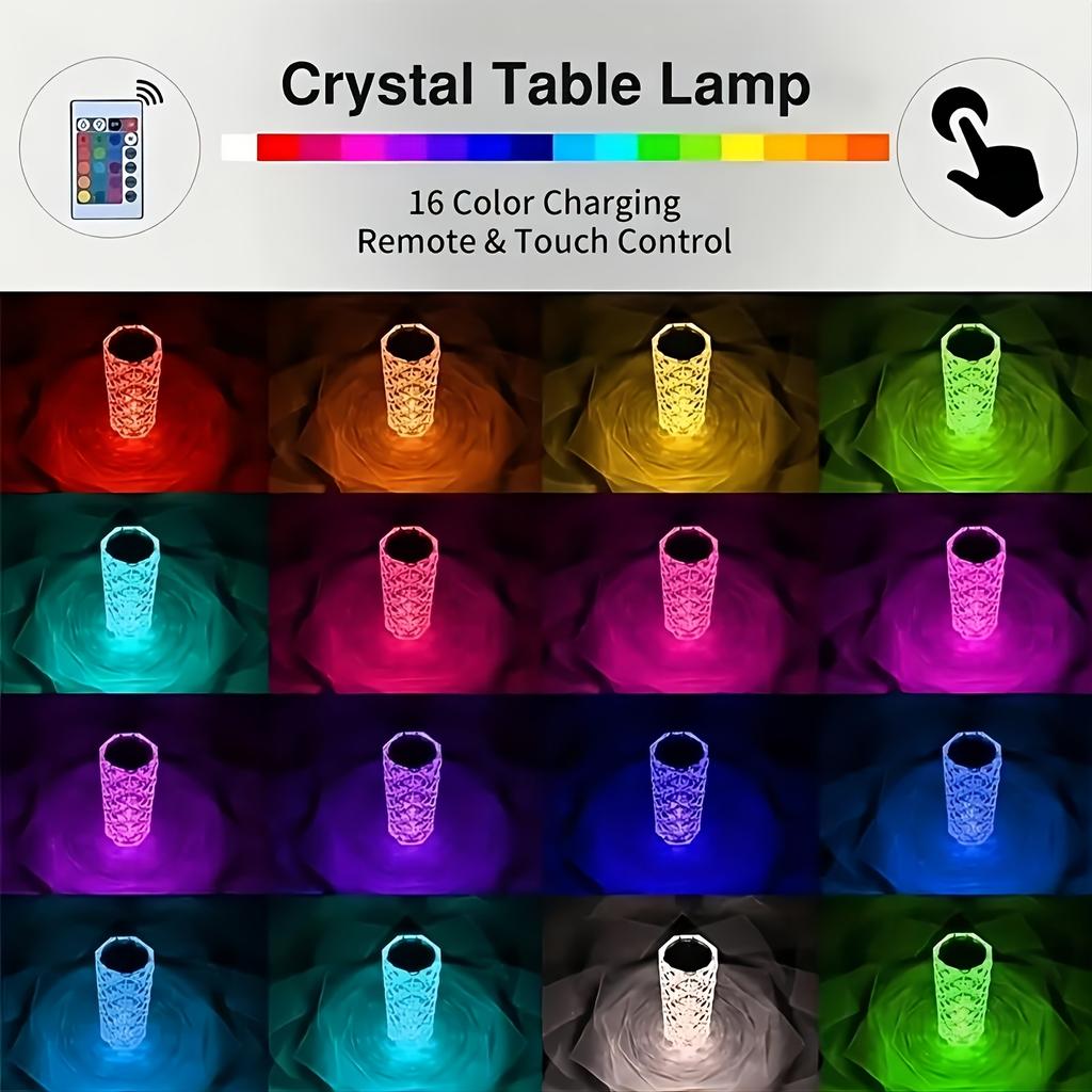 1 Piece Crystal Rose Diamond Desk Lamp, 16 Color RGB LED, Touch and Remote Control, USB Charging Acrylic Night Light, Suitable for Living Room