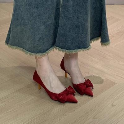 2025 Женская обувь Новая осенняя Остроносая Женские туфли на высоком каблуке Элегантные Тонкие каблуки Платье-лодочки Женская Модная Обувь с бантом Женщины