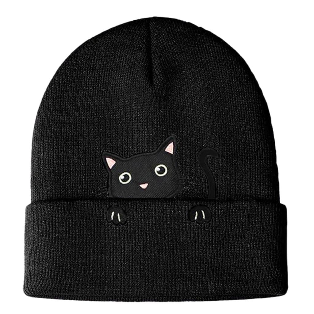 Knit Skull Hat with Embroidered Lovely Kitten Hat Knit Caps for Unisex Pullover Cartoon Hat Embroidered Skull Caps