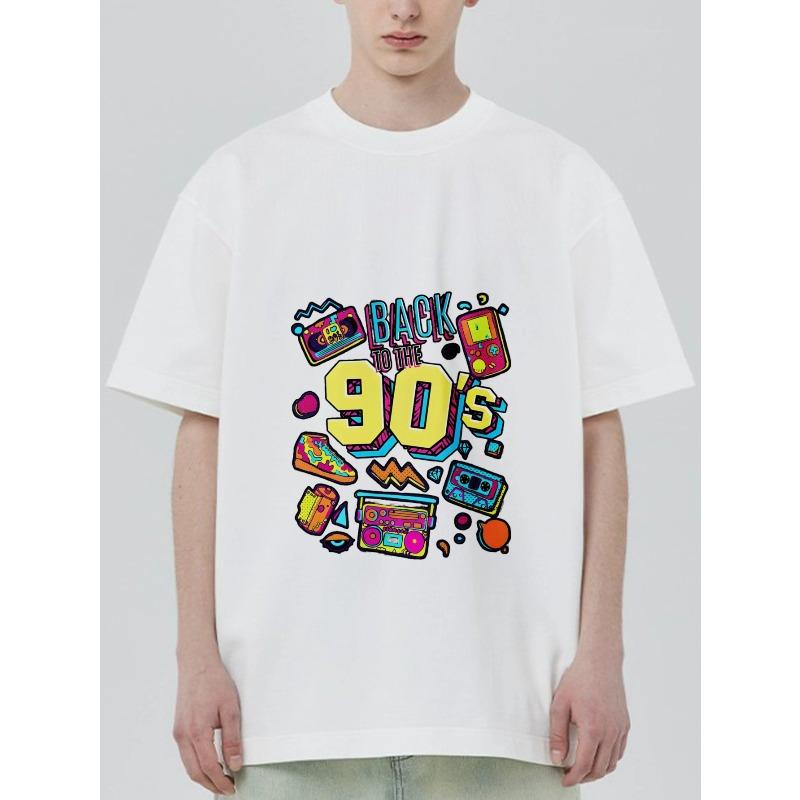 Футболка Back To The 90s Черная Ретро Графика в стиле 90-х с принтом игровой консоли, кассеты и бумбокса для повседневной носки, вечеринок и ностальгических мероприятий