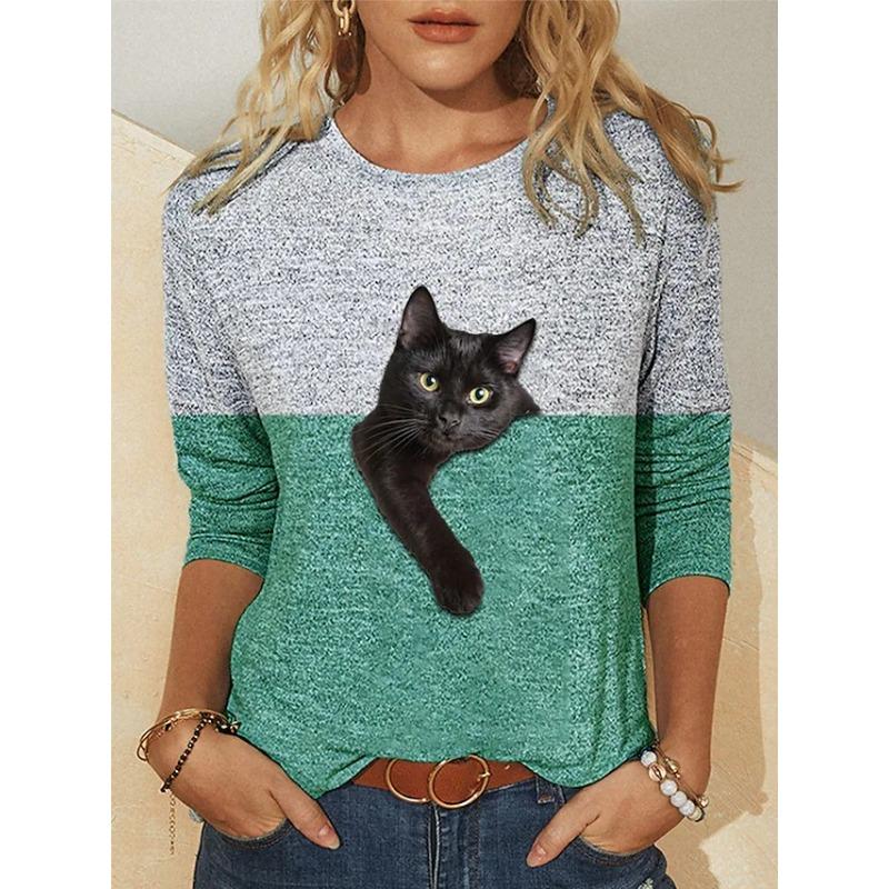 Color Block Printed Long Sleeved Casual Daily Basic Retro Round Neck 3D Cat Printed Women's T-shirts - Soft Medium Stretch Relaxed Fit Clothing
