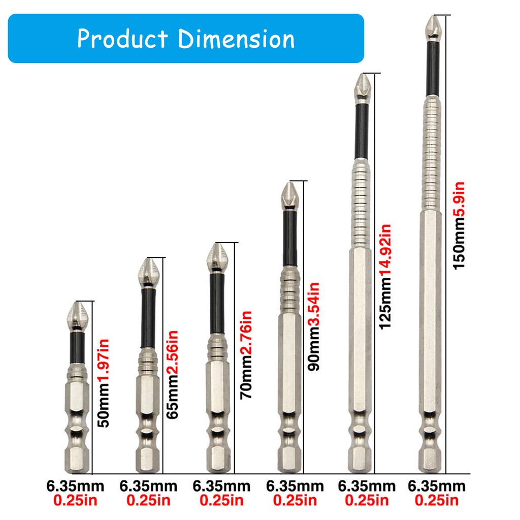 Набор ударных бит 6 шт. с магнитным сплавом стали, нескользящие длинные сверла 50-150 мм, крестообразная магнитная бита для отвертки