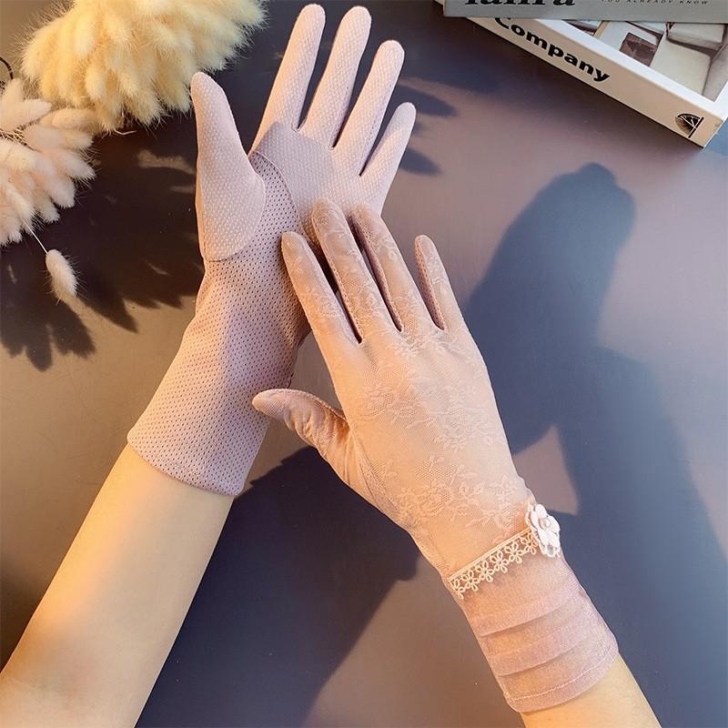 Солнцезащитные кружевные перчатки, весенние перчатки с бантом, перчатки для сенсорного экрана, женские дышащие уличные перчатки для вождения, летние перчатки для велоспорта