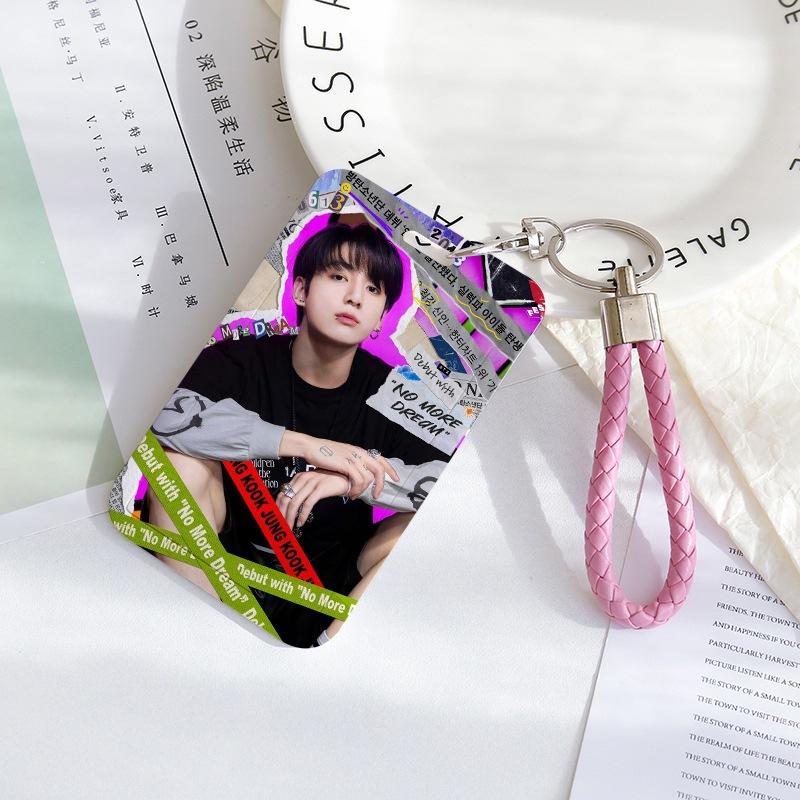 BTS Sliding Photocard Holder, Protective ID Badge Card Case with Braided Keychain Strap, Student Campus Bus Meal Card Protector Merch for ARMY