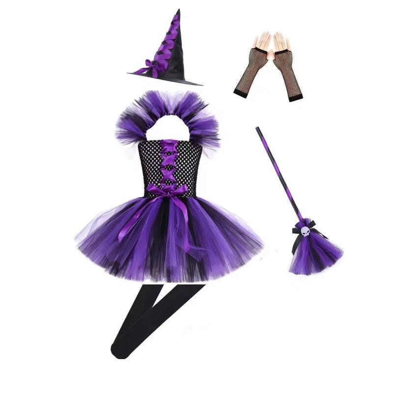 Kids Hocus Pocus Witch Puffy Tutu Cosplay Dress, Girls Masquerade Party Stage Outfit