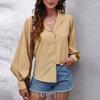 Spring Stand Up Collar Lantern Sleeve Shirt Women's Solid Color Long Sleeved Shirt Chiffon Shirt Blouses & Shirts