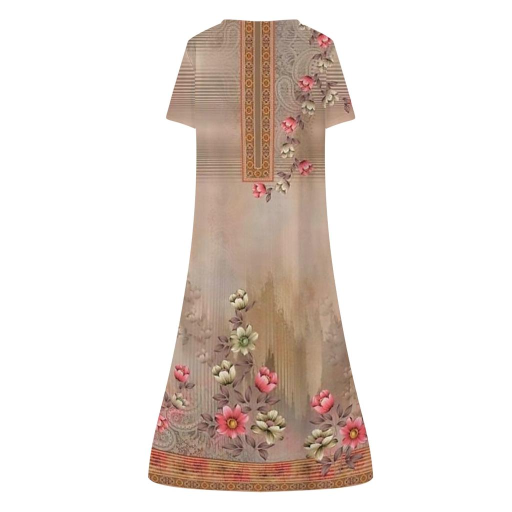 Women's Summer Casual Printing Fashion V-neck Short Sleeved Beach Swing Skirt