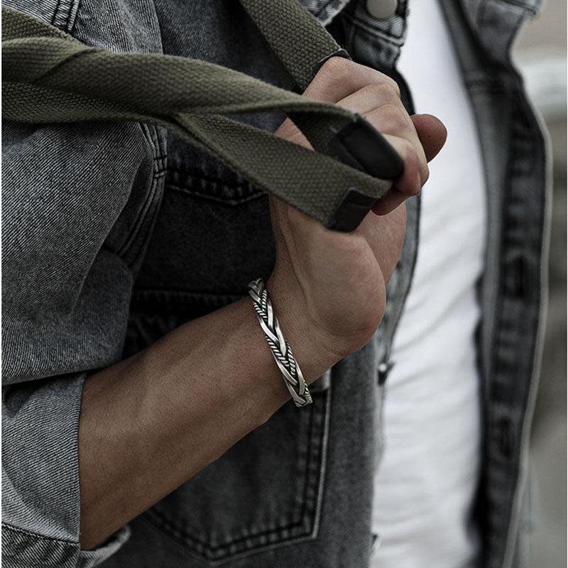 XIYANIKE Men Thai Silver Twisted Woven Opening Bracelets Bangle Neutral Retro Original Handmade Exquisite Jewelry Unique Gift