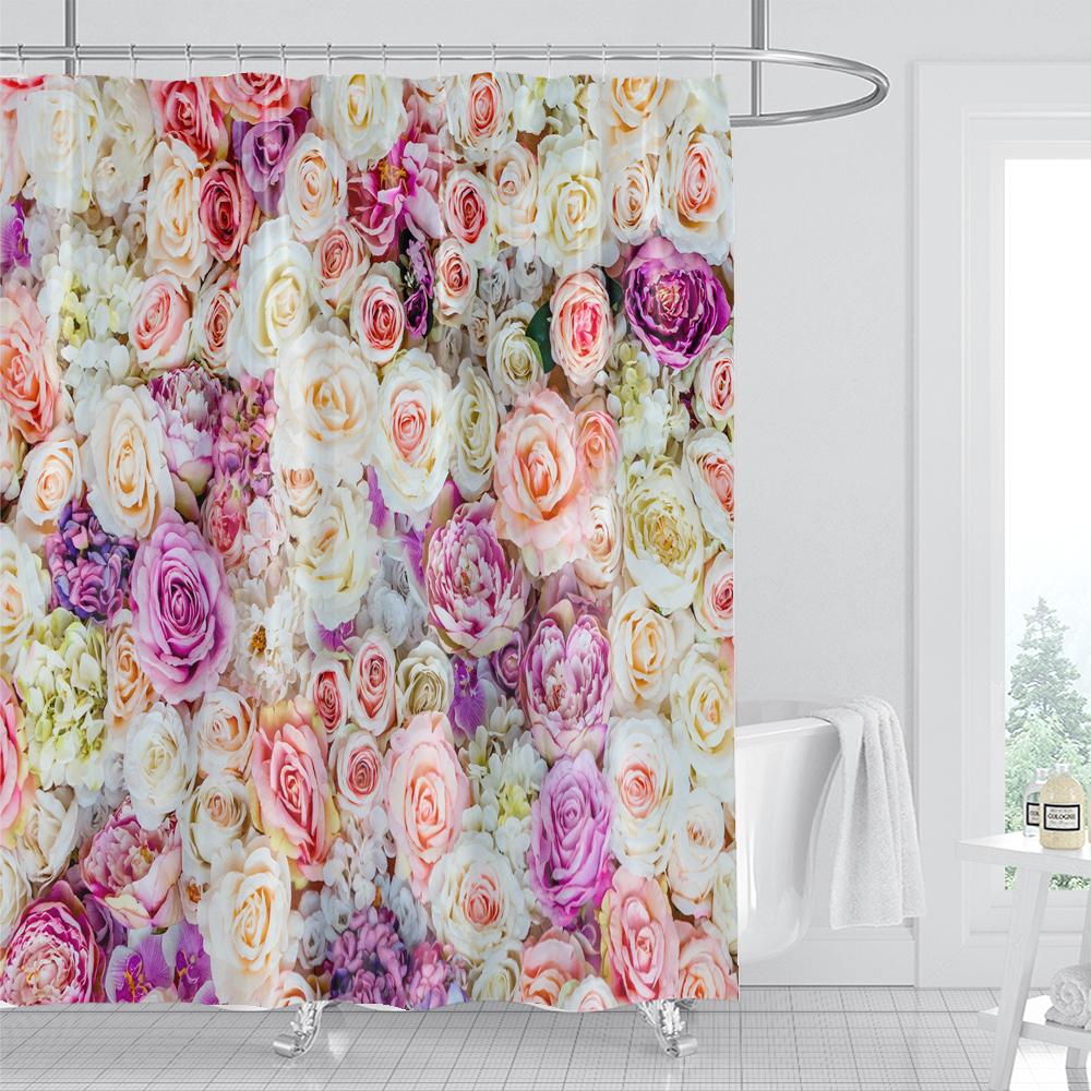 1Pcs Pink flower printing waterproof shower curtain, Rose flowers wall bathroom decorative curtain with plastic hooks