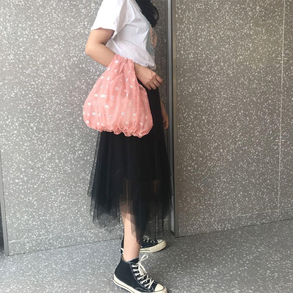 Organza Material Flower Embroidery Hand Bag Daisy Embroidery Small Size Mesh Shopping Bags Single Shoulder Mesh Cloth