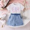 Комплект одежды для девочек: Летняя детская футболка с бантом цвета слоновой кости и джинсовые шорты