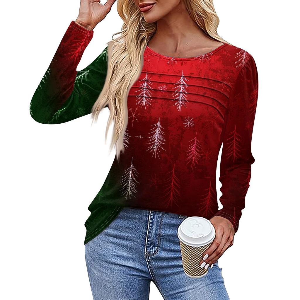 Ladies' Casual Fashion Printed Round Neck Long Pleated T-shirt Top Christmas